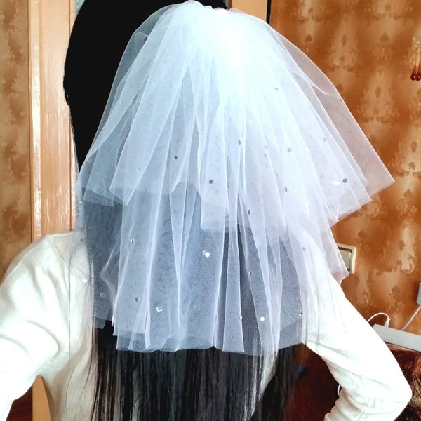 Bachelorette party Veil 2-tier white, sparkling with rhinestones, short length. Bride veil, accessory, bachelorette veil, hen party veil