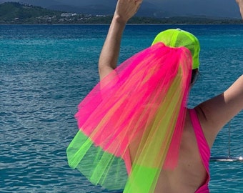 Custom order for Tina Lawrence with BRIDE bow Bachelorette party Veil Bright 2-tier neon green and hot pink veil, middle length.