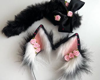 Black Cat tail with ears Realistic black cat ears with pink Kawaii cat Anime girl Kitten set for adult Pet play Cat woman costume Kitten ear