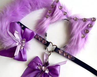 Purple Cat tail with ears and collar. Realistic cat ears with collar Kawaii cat Anime girl Kitten set for adult Pet play Cat woman costume