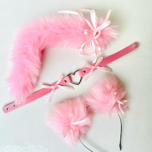 Pink Cat tail with ears, collar and bow Realistic cat ears with collar Kawaii cat Anime girl Kitten set for adult Pet play Cat woman costume