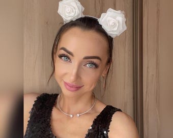 Bachelorette bridal Cat ears Bride to be white cat ears with roses. Bachelorette headpiece bridal headband Kitty ears for bachelorette party