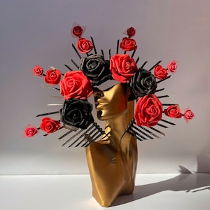 Halloween roses headband Halo crown Flower Halo Crown Red Black roses Halo crown Halo Headband Flower Headband Goddess Crown Met gala crown