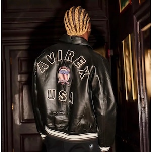 Men’s Avirex Black Real Leather Bomber Jacket – American Flight Style Aviator Jacket – Cafe Racer Biker Leather Jacket Gift for Him image 1