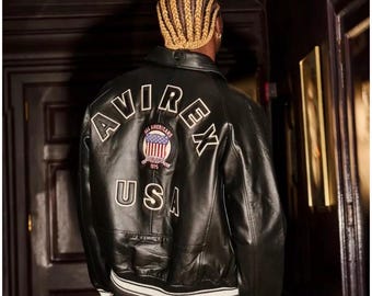 Men’s Avirex Black Real Leather Bomber Jacket – American Flight Style Aviator Jacket – Cafe Racer Biker Leather Jacket Gift for Him