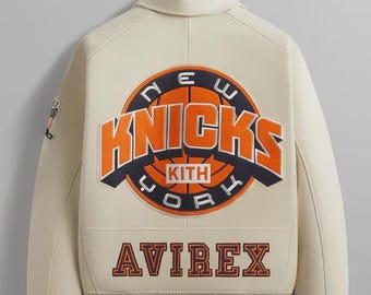 Kith x Knicks Avirex Leather Jacket, New York Knicks Varsity Jacket, Cream Bomber Jacket, Streetwear NBA Jacket, Custom Leather Coat