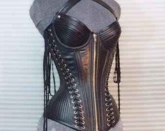 Black Leather Overbust Corset, Steampunk Cosplay Bustier, Hourglass Shaper