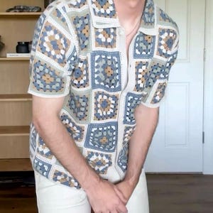 Handmade Crochet Granny Square Shirt for Men, Boho Summer Button Up, Retro Patchwork Knit Shirt, Beachwear Top, Vintage Crochet Shirt