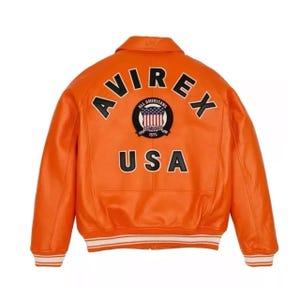 Men's Avirex Orange Leather Bomber Jacket, USA Shield Patch, Varsity Style