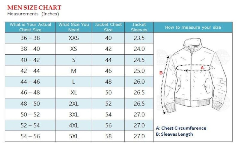 May include: Men's size chart with measurements in inches. Includes chest size, jacket size, and sleeve length. A diagram illustrates how to measure chest circumference and sleeve length for jackets.
