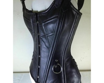 Black Genuine Leather Overbust Corset Top, Corset with Straps, Leather Bustier Top, Viking Leather Corset, Handmade Corset, Cosplay Corset