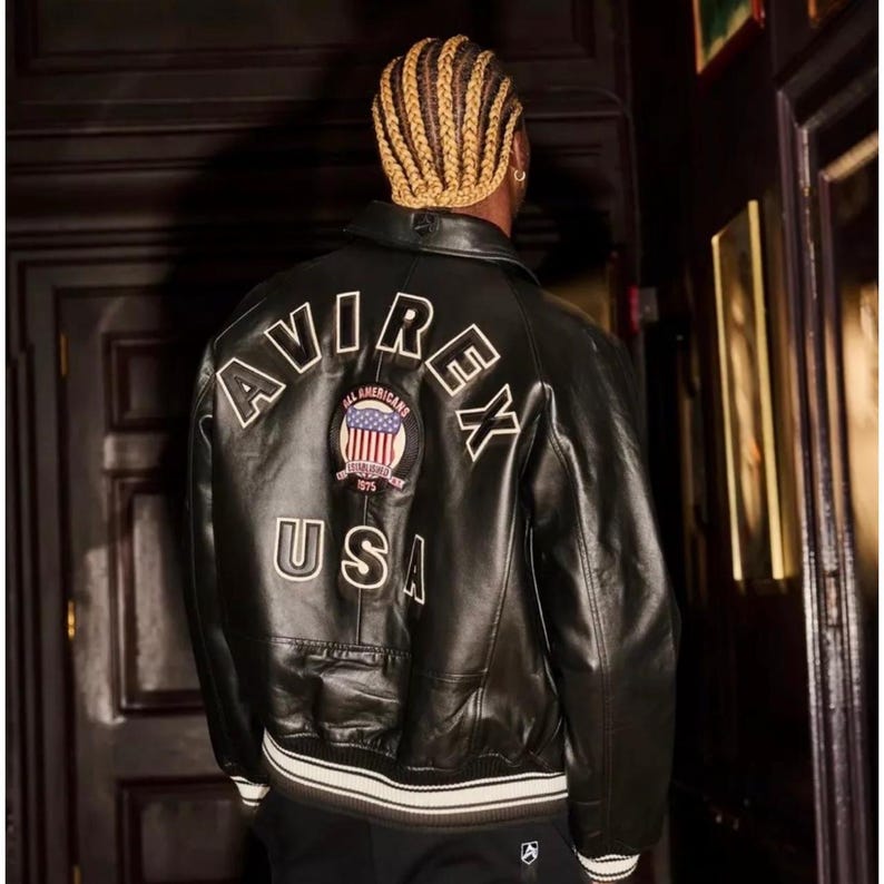 Men’s Avirex Black Real Leather Bomber Jacket – American Flight Style Aviator Jacket – Cafe Racer Biker Leather Jacket Gift for Him image 1