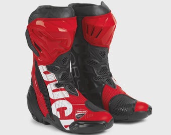 Ducati Corse Motorcycle Racing Boots – Red Black Leather Biker Boots, Sport Bike Riding Shoes, Protective Moto Gear, Track & Street Wear