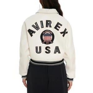 Avirex USA Cropped Icon White Leather Jacket Women’s Bomber Jacket Genuine Cowhide Varsity Style Streetwear Fashion Jacket Gift for Her image 1