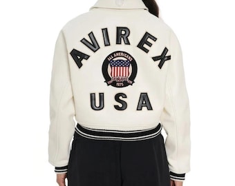 Avirex USA Cropped Icon White Leather Jacket Women’s Bomber Jacket Genuine Cowhide Varsity Style Streetwear Fashion Jacket Gift for Her