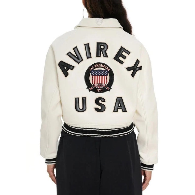 Avirex USA Cropped Icon White Leather Jacket Women’s Bomber Jacket Genuine Cowhide Varsity Style Streetwear Fashion Jacket Gift for Her image 1