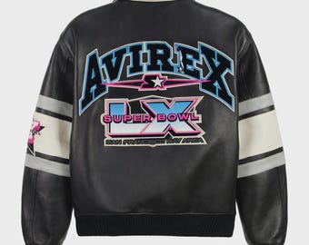 Avirex X Starter Super Bowl LX Leather Jacket, American Flight Style Aviator Jacket, Men’s Cowhide Varsity Bomber Jacket- Gift for Him-