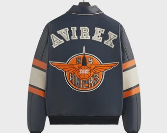 Kith x Knicks Avirex Leather Jacket, New York Knicks Varsity Jacket, Blue Bomber Jacket, Streetwear NBA Jacket, Custom Leather Coat