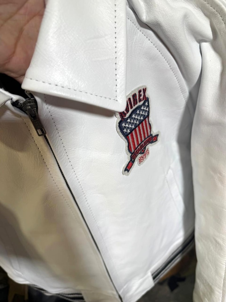 Avirex USA Cropped Icon White Leather Jacket Women’s Bomber Jacket Genuine Cowhide Varsity Style Streetwear Fashion Jacket Gift for Her image 4