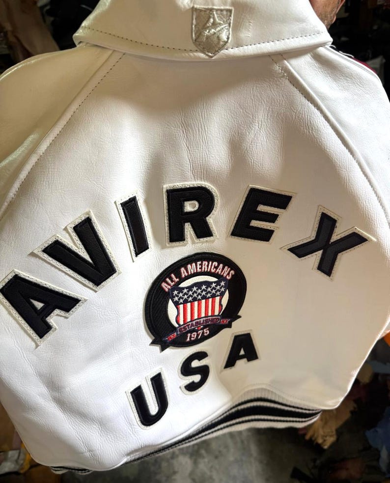 Avirex USA Cropped Icon White Leather Jacket Women’s Bomber Jacket Genuine Cowhide Varsity Style Streetwear Fashion Jacket Gift for Her image 2