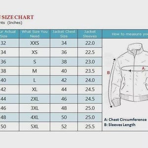 May include: A women's size chart with measurements in inches. The chart includes chest size, jacket chest size, and sleeve length, ranging from XXS to 5XL. An illustration shows how to measure chest circumference and sleeve length.