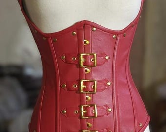 Corsé bustier de cuero rojo, top corsé bajo el busto, faja reductora gótica, cinturón corsé steampunk, top arnés corsé con hebilla