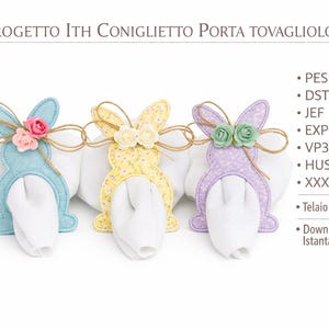 Può includere: Tre portatovaglioli a forma di coniglietto pasquale nei colori pastello: blu, giallo e viola. Ogni anello è decorato con un accento floreale e legato con spago. Il testo "PROGETTO ITH CONIGLIETTO PORTA TOVAGLIOLO" è in alto.