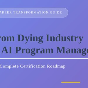 Op de afbeelding: Digitale afbeelding met een blauwe gradiënt achtergrond. De tekst luidt bovenaan "Career Transformation Guide", gevolgd door "From Dying Industry to AI Program Manager" en "The Complete Certification Roadmap".