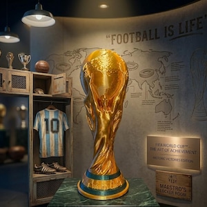 Puede incluir: Un trofeo dorado de la Copa Mundial de la FIFA se encuentra sobre una superficie de mármol verde. Detrás, un vestuario exhibe una camiseta de fútbol, tacos y otros trofeos. El texto "FOOTBALL IS LIFE" está encima del trofeo. Un letrero dice "FIFA WORLD CUP - THE ART OF ACHIEVEMENT".