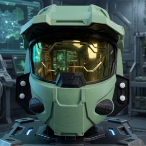 以下が含まれることがあります： 金色のバイザーが付いた、緑と黒のヘルメットのクローズアップ。ヘルメットは丸みを帯びた特徴と側面の2つの白い円形アクセントを備えた未来的なデザインです。バイザーは詳細なインテリアシーンを反映しています。