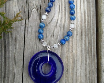 Lapis and quartz beaded necklace with wine bottle pendant