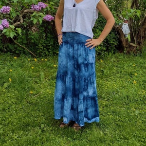 Boho ice dyed twirly cotton maxi skirt smocked dress blue teal purple image 6