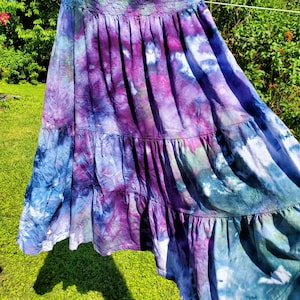 Boho ice dyed twirly cotton maxi skirt smocked dress blue teal purple image 3