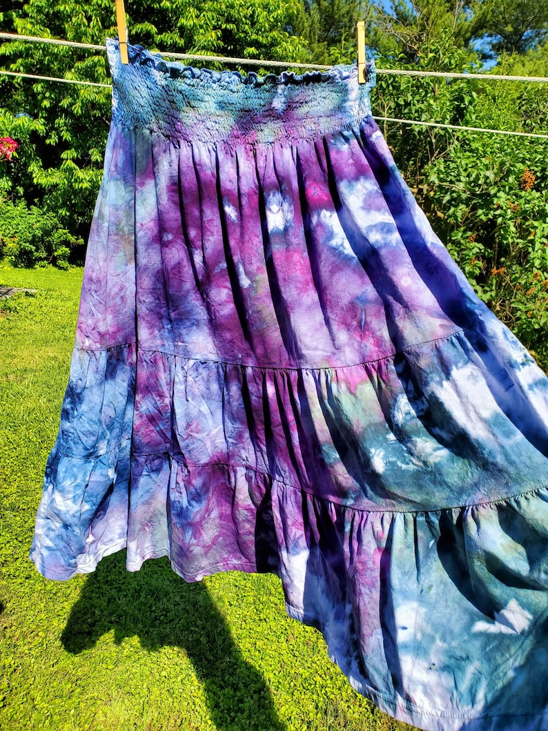 Boho ice dyed twirly cotton maxi skirt smocked dress blue teal purple image 3