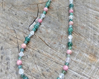 Spring Goddess moss agate rhodonite and rose quartz necklace