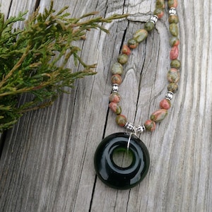 Unakite beaded necklace with wine bottle pendant