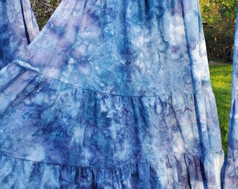 Boho ice dyed watercolor twirly cotton maxi skirt smocked dress Indigo Love blue