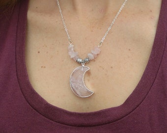 Rose quartz crescent moon necklace ooak calming peaceful loving