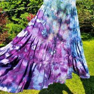 Boho ice dyed twirly cotton maxi skirt smocked dress blue teal purple image 8