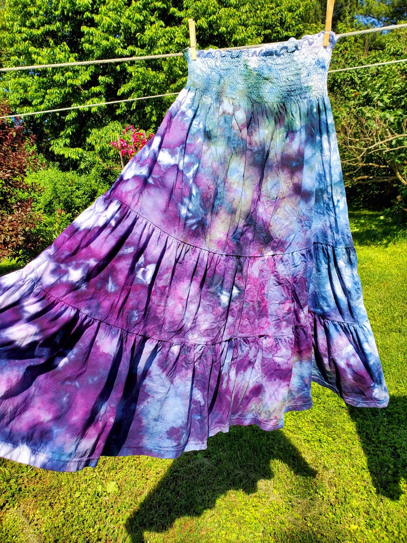 Boho ice dyed twirly cotton maxi skirt smocked dress blue teal purple image 8