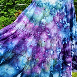 Boho ice dyed twirly cotton maxi skirt smocked dress blue teal purple image 2