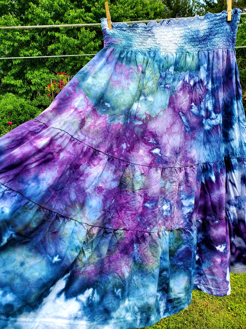 Boho ice dyed twirly cotton maxi skirt smocked dress blue teal purple image 2