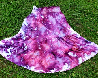 Boho ice dyed twirly cotton maxi skirt smocked dress purple maroon burgundy fall colors