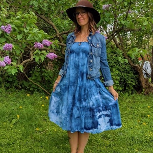 Boho ice dyed twirly cotton maxi skirt smocked dress blue teal purple image 7