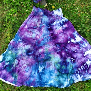 Boho ice dyed twirly cotton maxi skirt smocked dress blue teal purple image 1