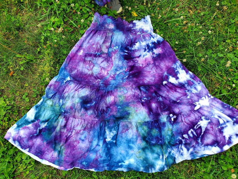 Boho ice dyed twirly cotton maxi skirt smocked dress blue teal purple image 1