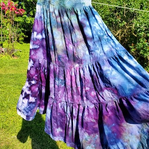 Boho ice dyed twirly cotton maxi skirt smocked dress blue teal purple image 9