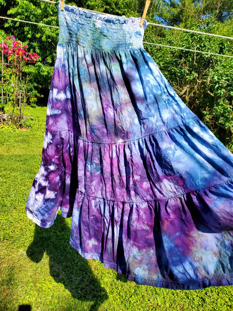 Boho ice dyed twirly cotton maxi skirt smocked dress blue teal purple image 9