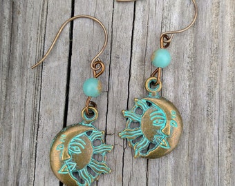 Jasper and brass sun and moon earrings