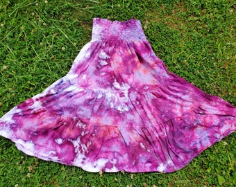 Boho ice dyed twirly cotton maxi skirt smocked dress purple maroon burgundy fall colors